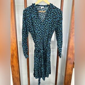 Free Assembly Blue Green Black Pattern Ruffle Tiered Belted Mini Dress Large